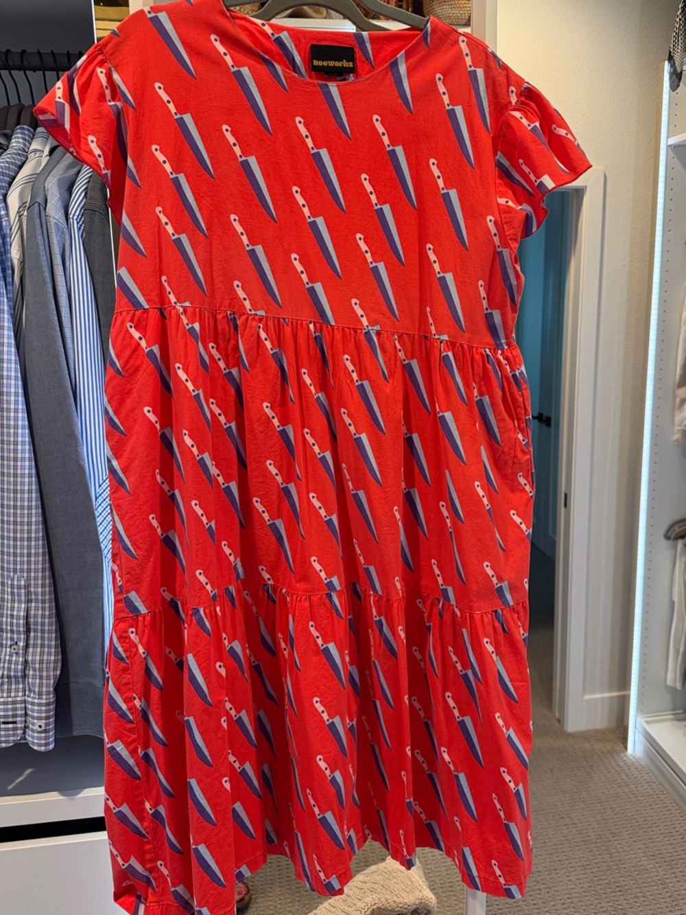 Nooworks Frida Red Knife-Print Tiered Dress large